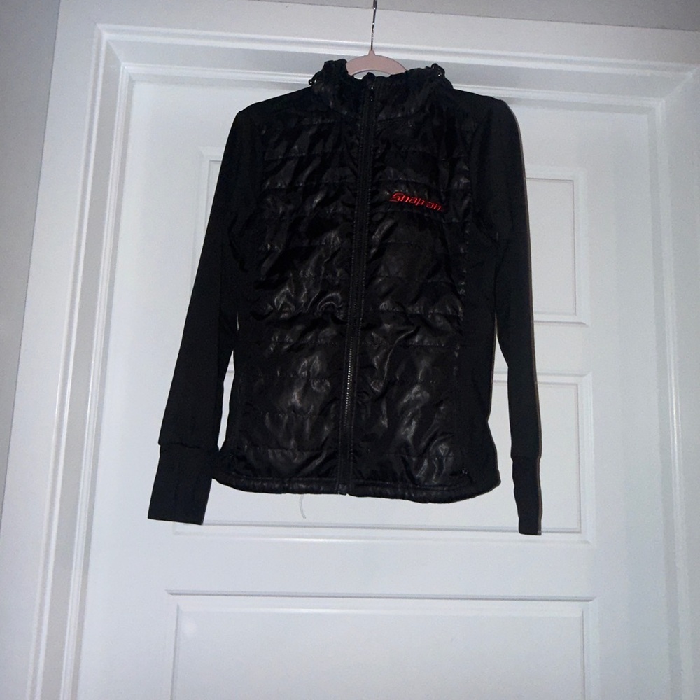 Snap on Black Jacket with hood. its a one piece jacket. super warm but light